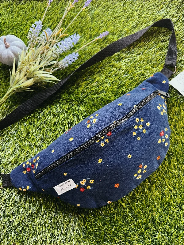 corduroy navy floral fanny pack, oversized look, fabric fanny pack