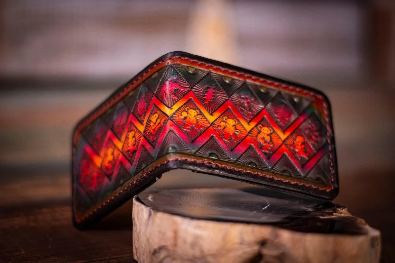 Deadhead Pattern - Tooled Leather Wallet- Sunset Colors