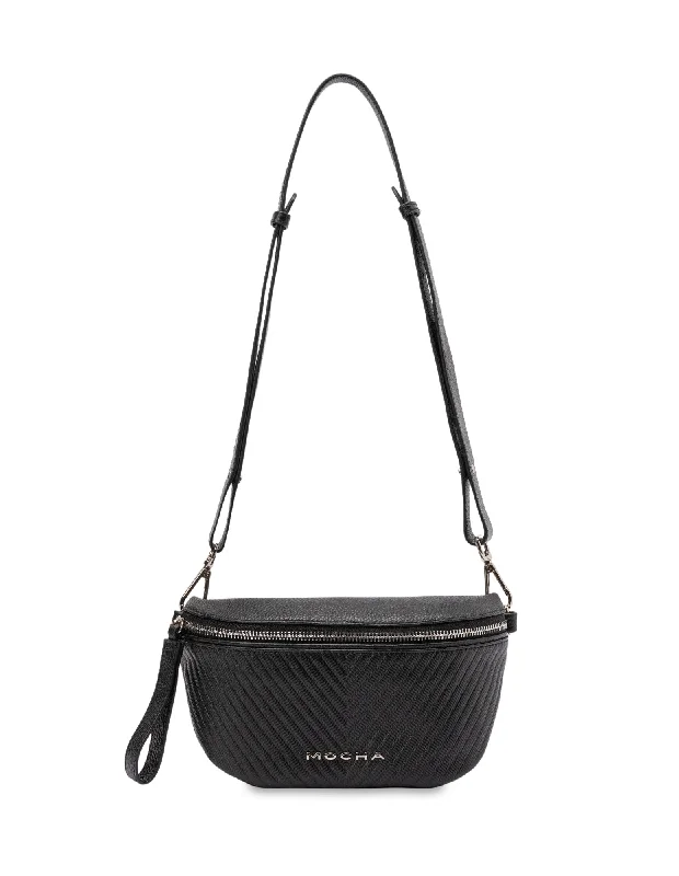 Mocha Chevron Leather Bum Bag- Black/Silver