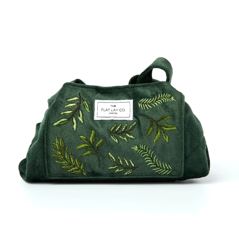 Drawstring Flat Lay Makeup Bag - Green Leaves Embroidered Velvet