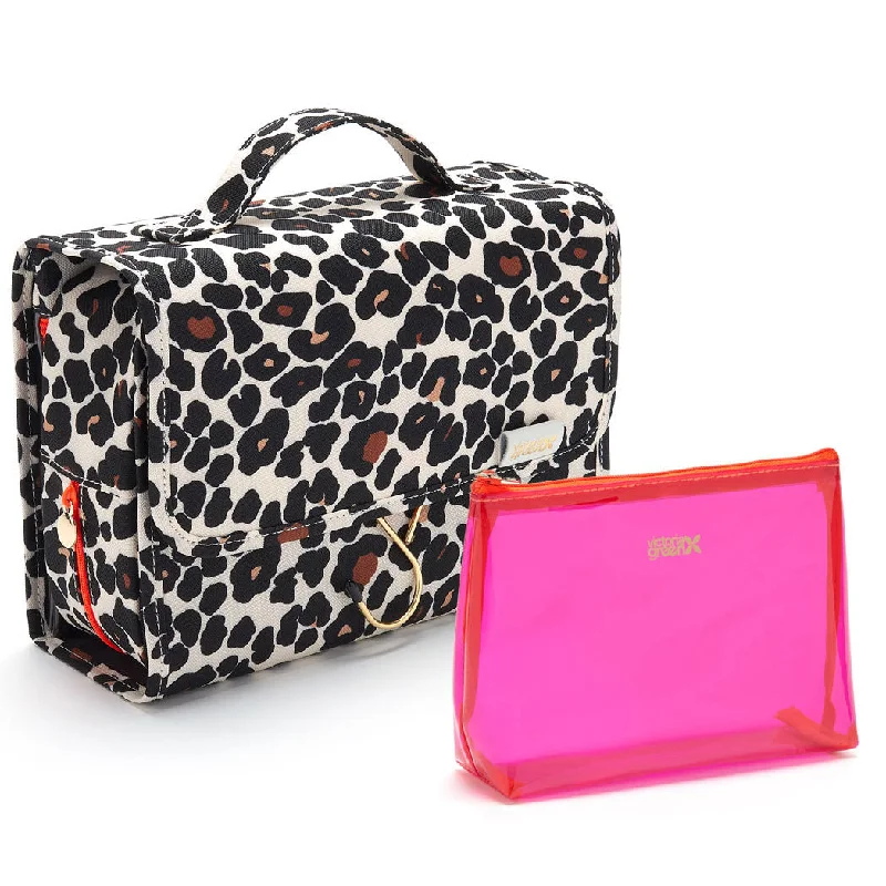 'Emma' 3 in 1 Hanging Wash Bag + 'Mia' Makeup Bag Set in Leopard Tan