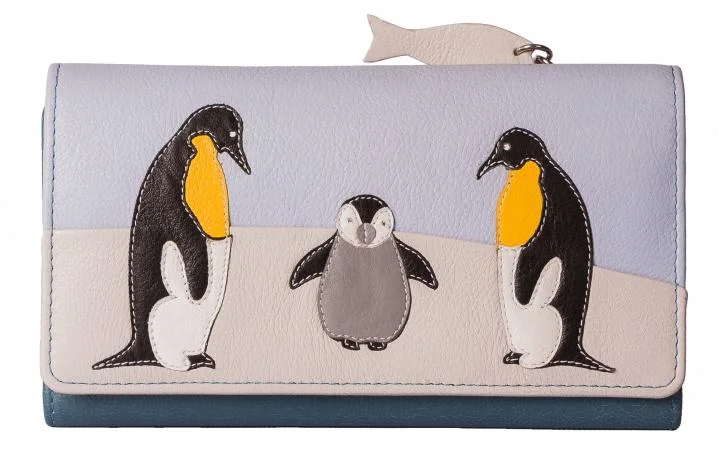 Ollie Penguin Large Leather Tri Fold Purse - RFID